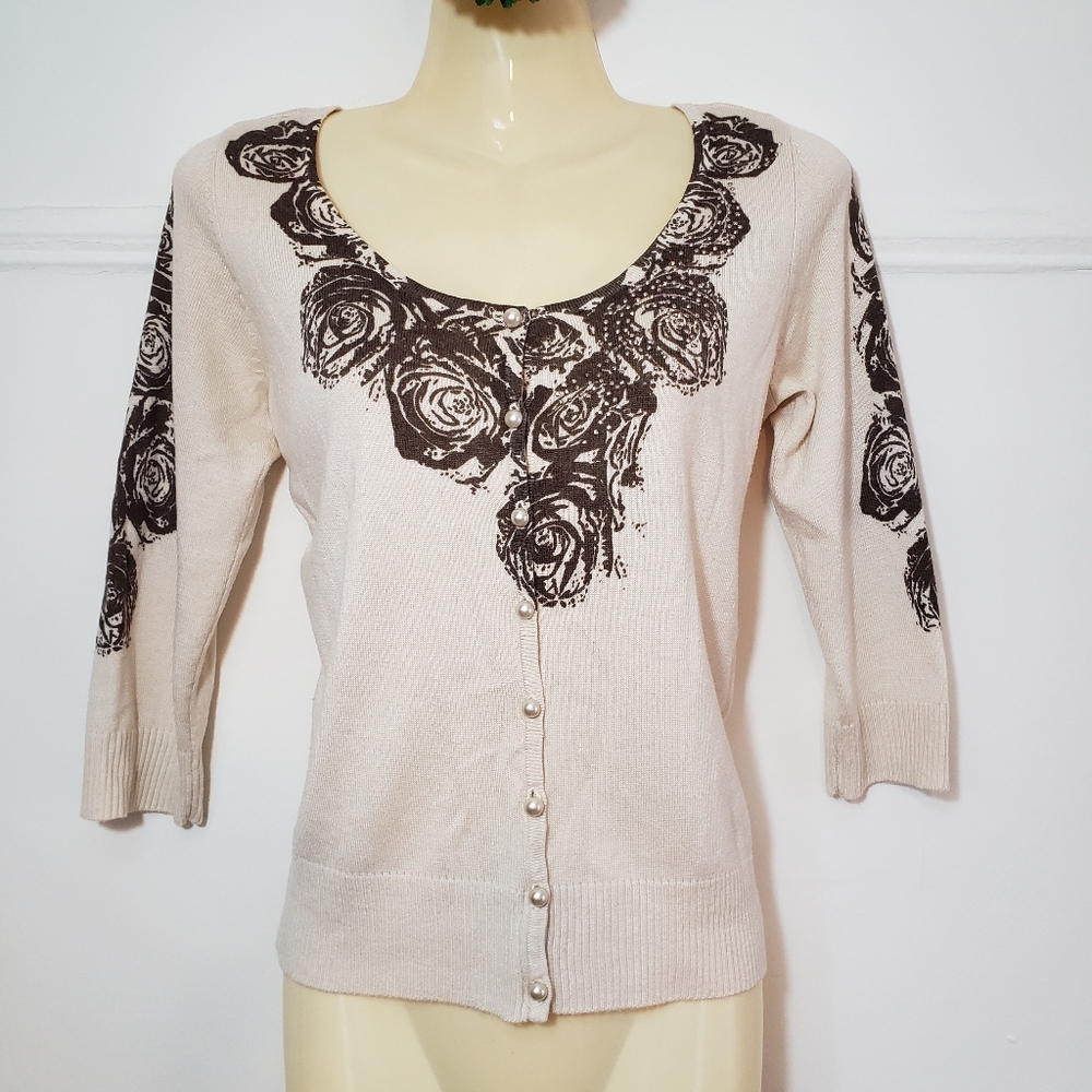 ONE WORLD Beige Embellished Cardigan Sweater Top Small S